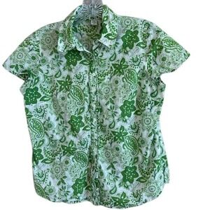 IZOD Women's Green Paisley Floral Print Button Up Cotton Blouse‎ MD Petite